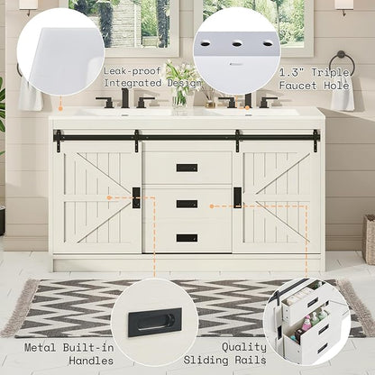 AMERLIFE 61" Farmhouse Double Bathroom Vanity with Sink Combo, Dual Basin Bathroom Storage Cabinet with Sliding Barn Doors & Drawers, Large Double Bath Vanity Sink Set, Rustic White