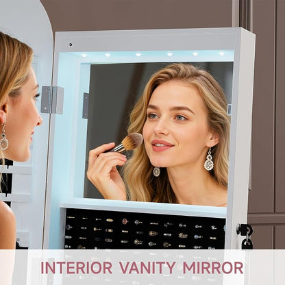360° Swivel Jewelry Mirror Cabinet with Lights, Inside Makeup Mirror, Standing Jewelry Armoire Organizer, Rotatable Full-Length Mirror with Jewelry Storage, Lockable with Back Storage Shelves (White)