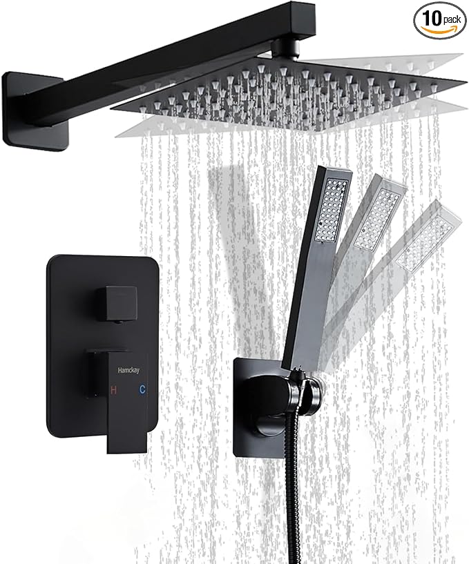 12 Inch Matte Black Shower Faucet Set with Square Rain Shower Head and Handheld Spray, Wall Mounted Rainfall Shower Head with Handheld Combo, Bathroom luxury Shower System with Valve and Trim