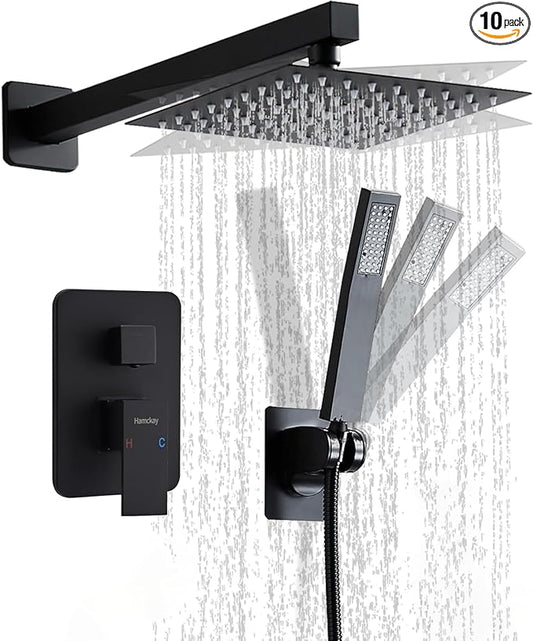 12 Inch Matte Black Shower Faucet Set with Square Rain Shower Head and Handheld Spray, Wall Mounted Rainfall Shower Head with Handheld Combo, Bathroom luxury Shower System with Valve and Trim