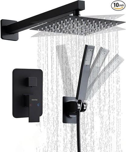 8 Inch Matte Black Shower Faucet Set with Rain Shower Head and Handheld Spray, Wall Mounted Rainfall Shower Head with Handheld Combo, Bathroom luxury Shower System with Valve and Trim