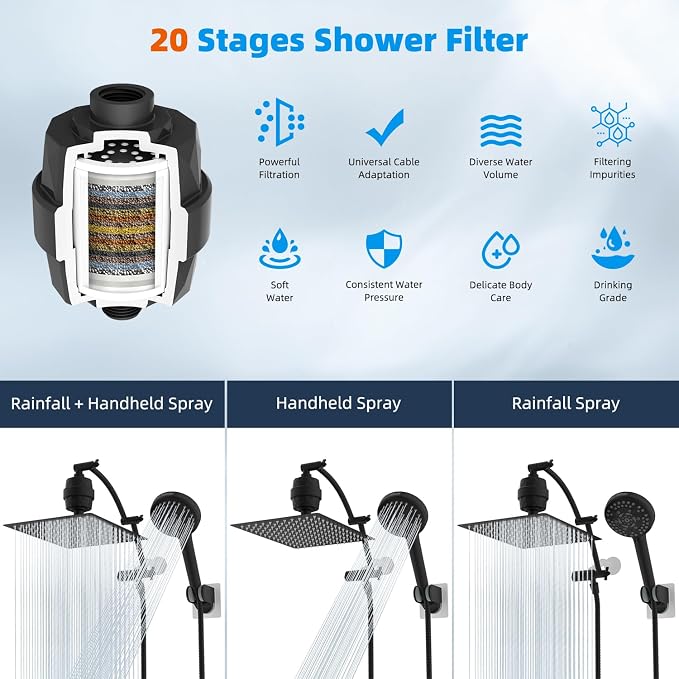 Hibbent 12" Dual Filtered Shower Head Combo, 10-spray Handheld, Black | All Metal High Pressure Rainfall Shower Head Combo with Filter, 16" Extension Arm, 3-way Diverter, 71" Hose & Shower Holder