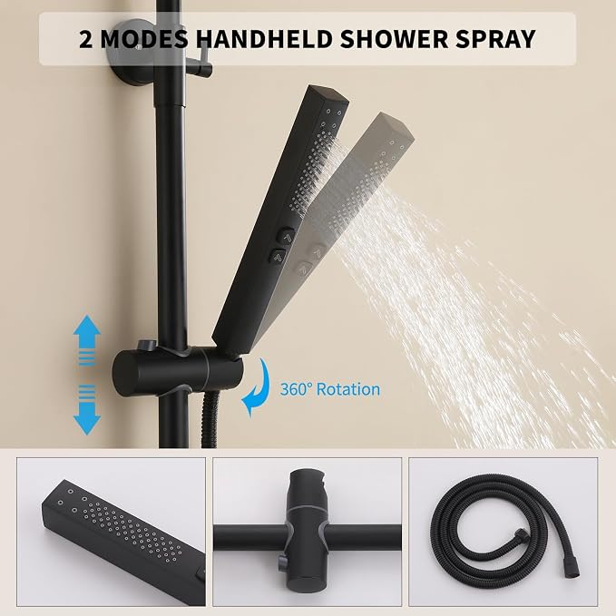 Exposed Shower System 10" Matte Black Rainfall Shower Head with 2 Modes Handheld and Tub Faucet Set, Square Shower Head 3 Functions Outdoor Shower Fixtures with Brass Valve, Height Adjustable