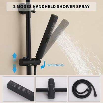 Exposed Shower System 10" Matte Black Rainfall Shower Head with 2 Modes Handheld and Tub Faucet Set, Square Shower Head 3 Functions Outdoor Shower Fixtures with Brass Valve, Height Adjustable