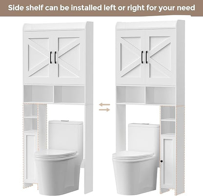 Homhedy Over The Toilet Storage Cabinet with 2 Barn Door and Toilet Paper Holder Stand, FreeStanding Toilet Shelf Space Saver, for Bathroom, Restroom, Laundry, White