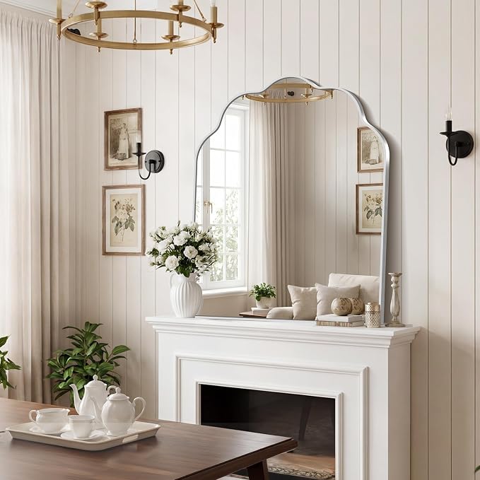 Scalloped Arched Mirror, 30×36Inch Silver Bathroom Mirror, Wavy Wall Mounted Vanity Mirror with Aluminum Alloy Frame for Livingroom Bedroom and Entryway, Tempered Glass