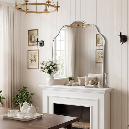 Scalloped Arched Mirror, 30×36Inch Silver Bathroom Mirror, Wavy Wall Mounted Vanity Mirror with Aluminum Alloy Frame for Livingroom Bedroom and Entryway, Tempered Glass