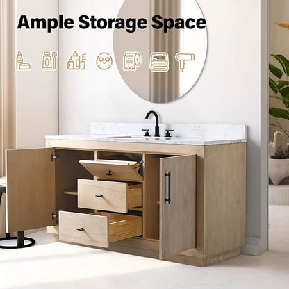 Vanity Art 60" Bathroom Vanity with Sink, Vanity Cabinet with Doors and Shelf, Modern Wood Bathroom Vanity with White Marble Top, Solid Wood Frame, 3 Functioning Drawers,VA70-60-SLW-E