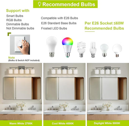 Sailstar 5-Light Bathroom Light Fixture, Brushed Nickel Vanity Lights Over Mirror, Anti-Rust, White Glass Shades, E26 Base, Bulb Not Included