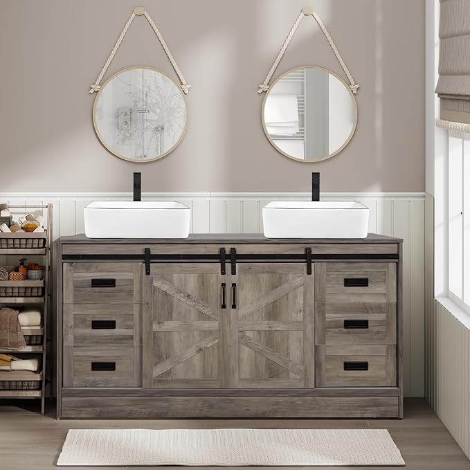 60" Barn Door Bathroom Vanity with 6 Drawers and Two Doors, Farmhouse Style Standing Pedestal Cabinet with Two White Ceramic Sinks
