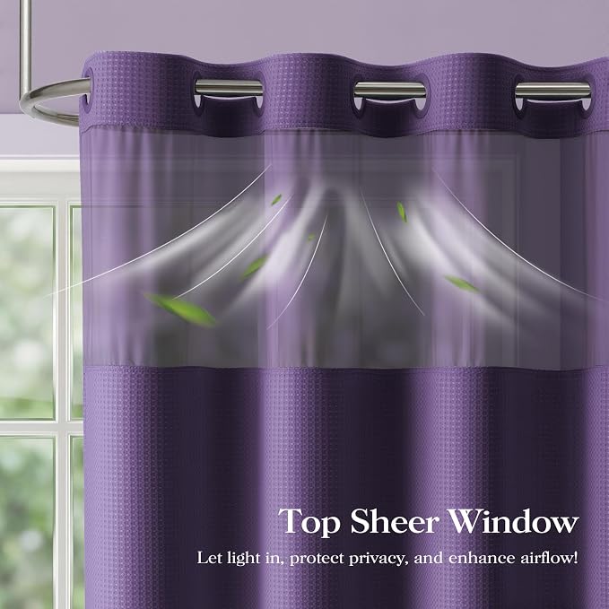 Purple Hook Free Waffle Shower Curtain & Snap Fabric Liner,72x87 | Less Time to install, 3 in 1 Fabric Shower Curtain and Liner Set with Magnets, Extra Long, Shower Curtains for Bathroom