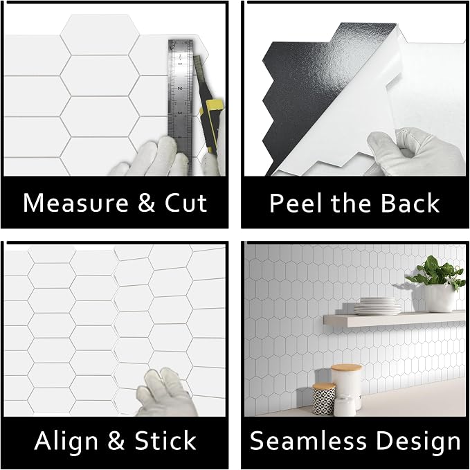 The Tiles Plaza 10-Sheet Peel and Stick Backsplash, 12" x 11.5" White Long Hexagon Self-Adhesive Wall Tile, Stone Composite Stick On Decorative Mosaic Tile for Kitchen Bathroom Fireplace