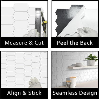 The Tiles Plaza 10-Sheet Peel and Stick Backsplash, 12" x 11.5" White Long Hexagon Self-Adhesive Wall Tile, Stone Composite Stick On Decorative Mosaic Tile for Kitchen Bathroom Fireplace