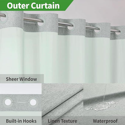eachope No Hook Fabric Shower Curtain with Snap-in Liner,71x86 Sage Green | Extra Long,Linen Texture,230GSM Thick Fabric,Mesh Window,Bottom Magnetic,Waterproof & Machine Washable,for Bathroom,Hotel Use