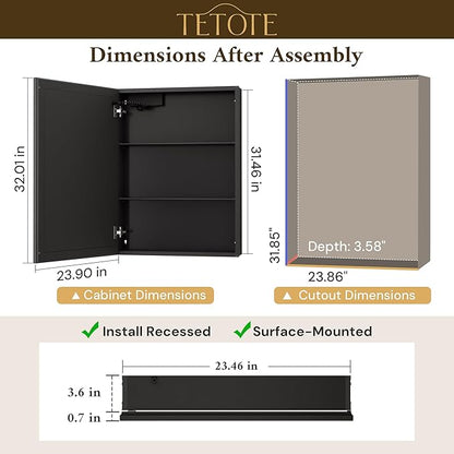 TETOTE 24 x 32 LED Bathroom Medicine Cabinet with Adjustable Shelves, Black Aluminum Cabinet, Anti-Fog Stepless Dimmable 3 Colors White/Warm/Natural, Easy to Install(Wall Mount/Recessed)