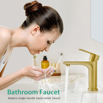 Faustina Light Gold Single Handle Bathroom Faucet, 304 Stainless Steel Vanity Faucet with Pop-Up Drain and Deck Plate for 1 or 3 Hole Sinks