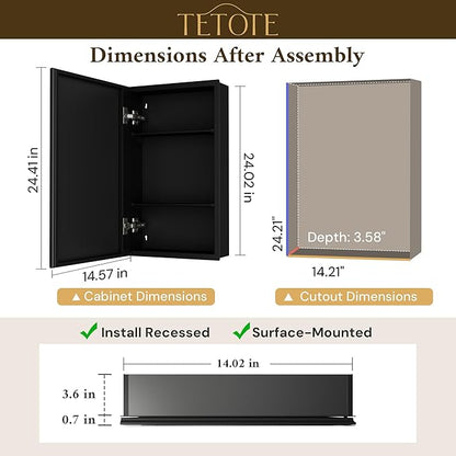 TETOTE 14 x 24 Medicine Cabinet with Tempered Beveled Mirror Black Aluminum Cabinet DTC Hinges, Stepless Adjustable Shelves, Recessed/Surface-Mounted