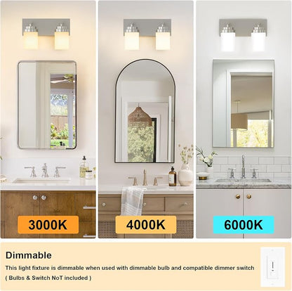 IZORRO Bathroom Vanity Light Fixture, 2-Light 15 Inch Brushed Nickel Bathroom Light Fixtures Over Mirror, with White Glass Shade, Modern Farmhouse Vanity Lights, Rustic Restroom Lighting Fixtures