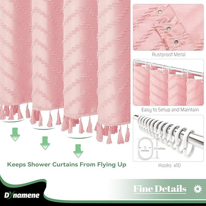 Dynamene Stall Fabric Shower Curtain, 60x72 inch Narrow Boho Tufted Chevron Striped Cloth Bathroom Shower Curtain, Weighted Neutral Waterproof Shower Curtain Set with 10 Hooks, Wrinkle Free, Pink