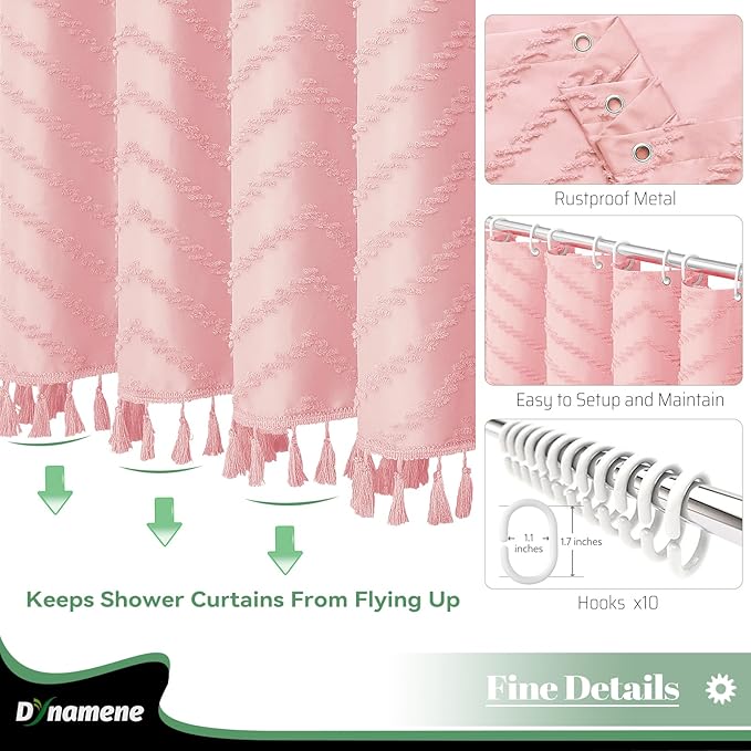 Dynamene Stall Fabric Shower Curtain, 54x78 Inch Boho Tufted Chevron Striped Shower Curtains for Bathroom, Minimalist Heavy Duty Cloth Shower Curtain Set with 10 Hooks, Machine Washable, Pink