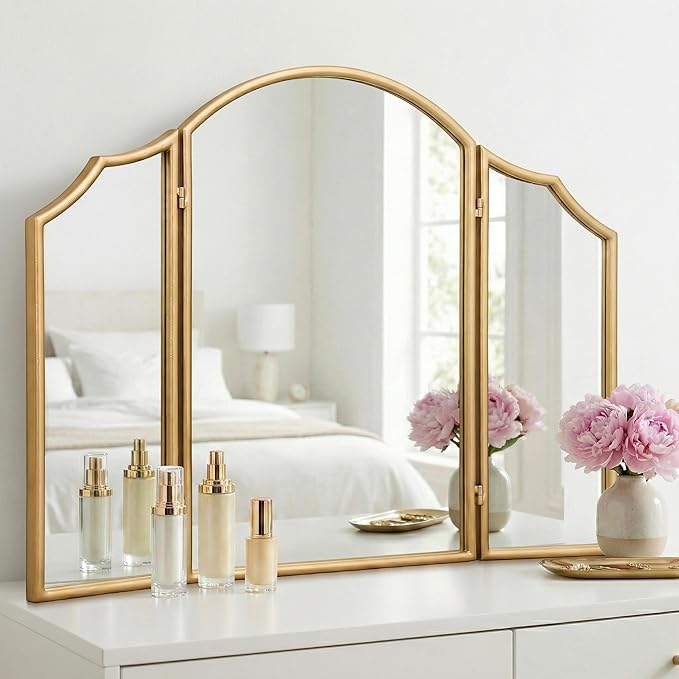 Besdomus Gold Scalloped Vanity Mirror: 36"x24" Three Sided Dresser Miror | Modern Minimalist Wood Frame Arched 3 Way Trifold Mirror for Bedroom/Cloakroom/Dressing Room/Wall - Home Decor for Housewife