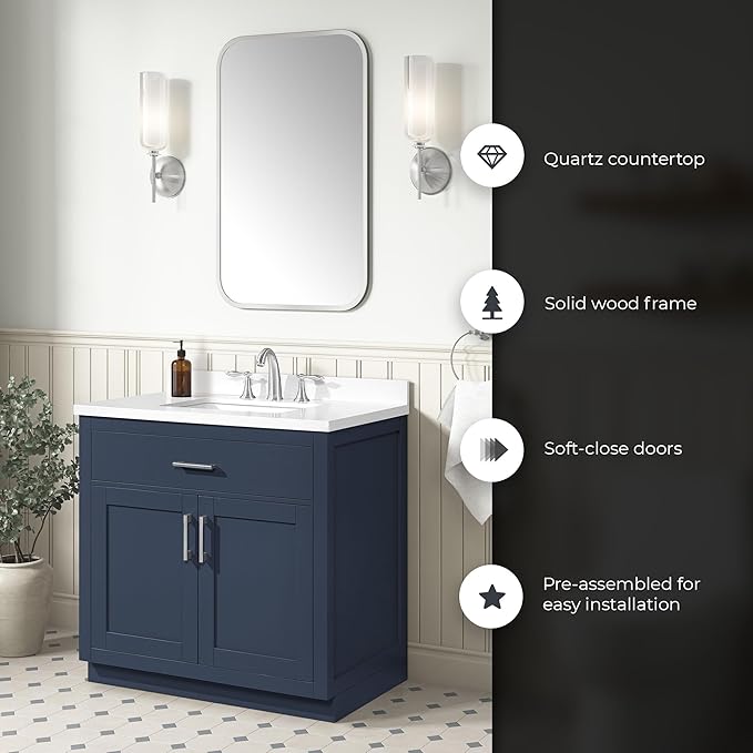OVE Decors Bailey 36 in. Single Sink Freestanding Midnight Blue Bathroom Vanity with White Quartz Top and Matching Backsplash