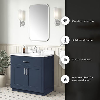 OVE Decors Bailey 36 in. Single Sink Freestanding Midnight Blue Bathroom Vanity with White Quartz Top and Matching Backsplash