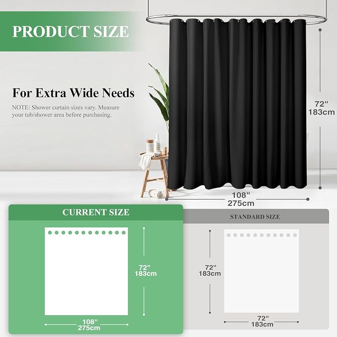 Extra Wide Waffle Shower Curtain 256 GSM Fabric 108x72 Black | 108 Inch Wide, Thick Cloth, Weighted Hem, Water Repellent, Hotel Luxury Polyester Shower Curtain Set for Bathroom 18 Hooks