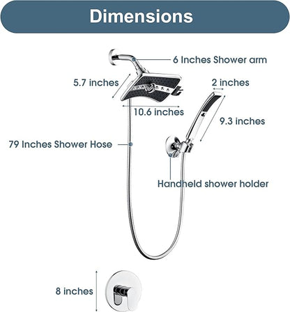 BRIGHT SHOWERS Dual Shower Head System with Handheld and Rainfall Shower, Shower Faucet Set with Valve and Trim Kit, Includes 79-Inch Stainless Steel Hose, Chrome