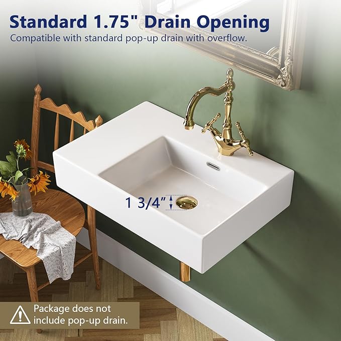 DeerValley 23x16 Inch Wall Mount Bathroom Sink, White Ceramic Rectangular Wall Hung Sink with Right Side Faucet Hole, DV-1WS0126R