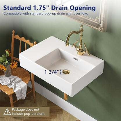 DeerValley 23x16 Inch Wall Mount Bathroom Sink, White Ceramic Rectangular Wall Hung Sink with Right Side Faucet Hole, DV-1WS0126R