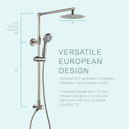 Fennocasa Polaris 3 Retrofit Rain Shower System, 3-Setting Handheld Shower Combo with Slide Bar, 8" Low Profile Shower Head (2.5 GPM Brushed Nickel)