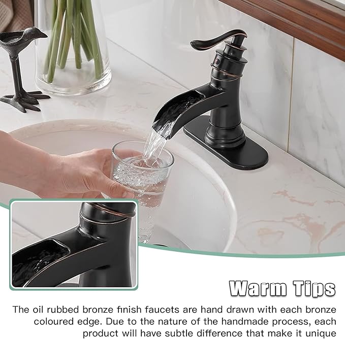BWE Oil Rubbed Bronze Bathroom Sink Faucet with 1.2 GPM Flow Rate Waterfall Vanity Sink Faucet Single Handle Mixer Tap with Pop Up Drain Stopper Assembly Water Supply Hose