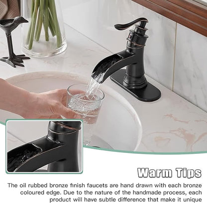 BWE Oil Rubbed Bronze Bathroom Sink Faucet with 1.2 GPM Flow Rate Waterfall Vanity Sink Faucet Single Handle Mixer Tap with Pop Up Drain Stopper Assembly Water Supply Hose