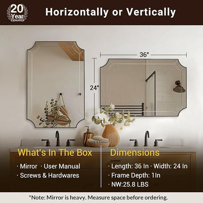 24x36 Scalloped Bathroom Mirror, Black Rectangle Wall Mirror with Scallop Edge, Anti-Rust Curved Wall Mirror, Unique Design Ideal for Bathroom Remodel, Wall Mounted Horizontal & Vertical