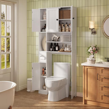 Ahomly Over The Toilet Storage Cabinet, with Five Doors, White | Over Toilet Bathroom Organizer with Adjustable Shelves, Above Toilet Storage Cabinet for Bathroom, Restroom, Laundry
