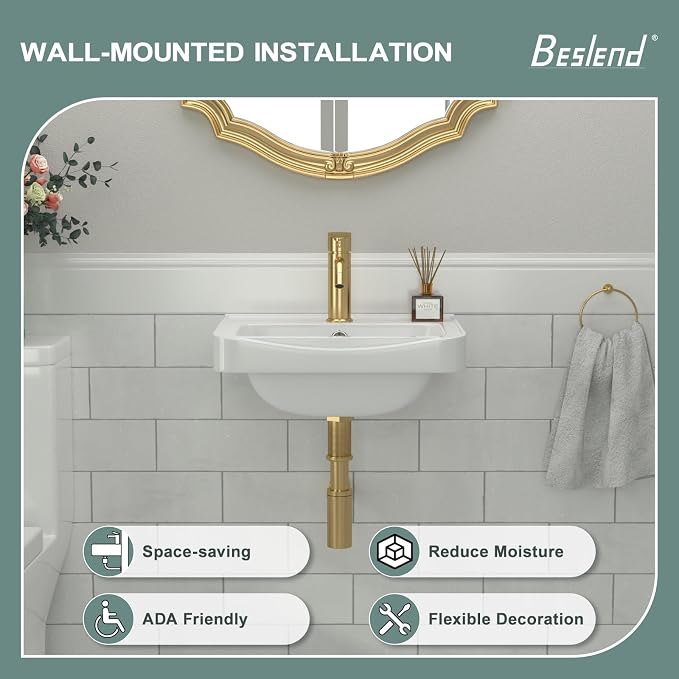 Wall Mount Vessel Sink | Beslend 17x14 Inch White Ceramic Vessel Sink, Rectangular White Art Hand Wash Basin with Overflow and Hole, Space-Saving