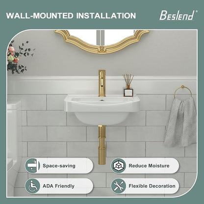 Wall Mount Vessel Sink | Beslend 17x14 Inch White Ceramic Vessel Sink, Rectangular White Art Hand Wash Basin with Overflow and Hole, Space-Saving