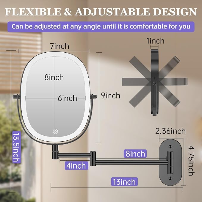 FUNTOUCH 5000mAh Rechargeable Wall Mounted Lighted Makeup Mirror,Black | Double Sided 30X/1X Magnifying Mirror Wall Mounted,Extended Arm 360°Rotation,Touch Dimmable,3 Color Lights for Bathroom