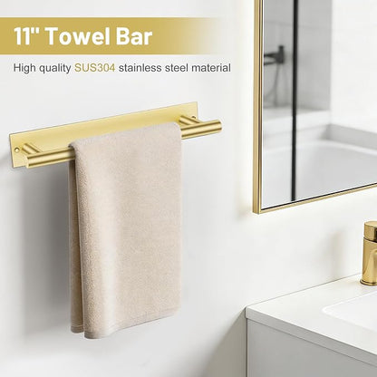 Lairuier Brushed Gold Bathroom Hardware Set, Adhesive or Screw Wall Mounted | Bathroom Accessories Set, Adhesive or Screw Wall Mount Toilet Paper Holder and Hand Towel Bar Holder, No Drill 2 Towel Hooks