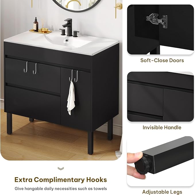 DWVO 36 Inch Bathroom Vanity with Sink | Bathroom Vanity Cabinet, Bathroom Storge Vanity Includes Adjustable Legs, Soft Closing Door, 2 Drawers & Drain