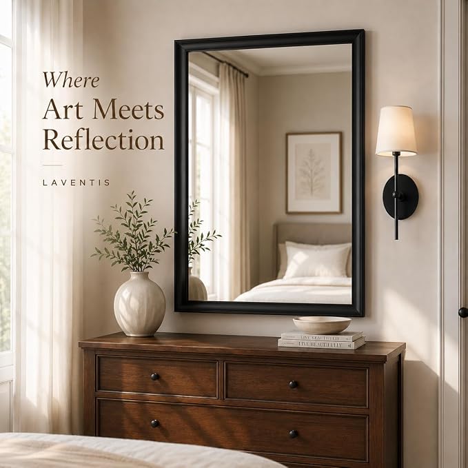 30x40 Inch Matte Black Bathroom Mirrors for Over Sink | Curved Aluminum Frame Rectangular Vanity Mirror, HD Tempered Glass, Rust-Resistant Wall Mirror for Bedroom & Entryway