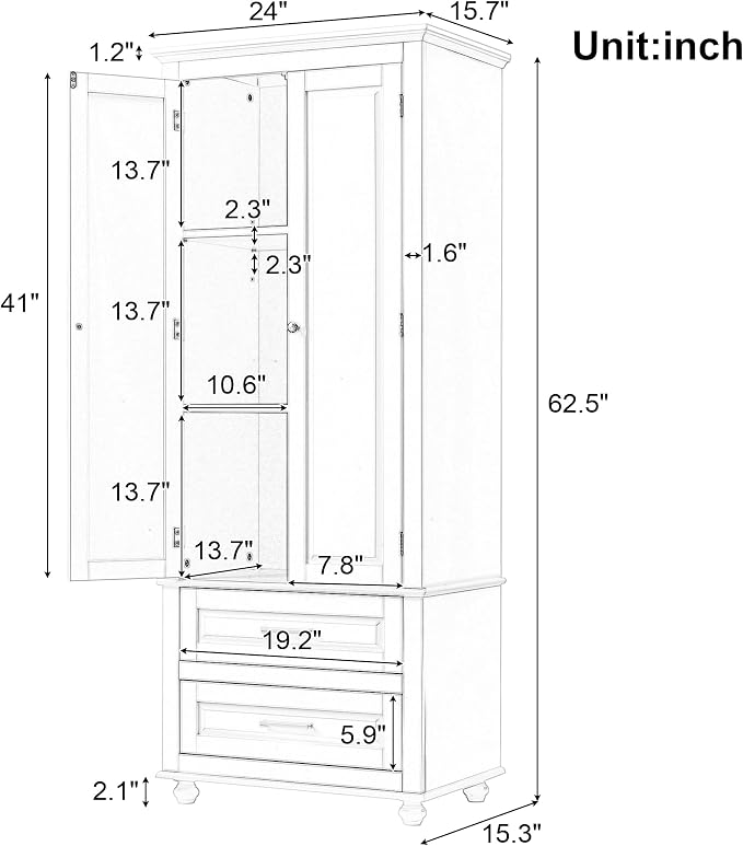 Merax 62.5" Pantry Cabinet with Two Doors & Two Drawers, Adjustable Shelves Storage Cupboard for Kitchen/Dining Room/Bathroom, Gray