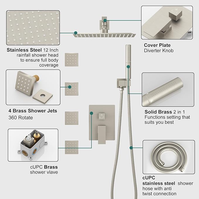 Hoimpro 12 Inch Rainfall Shower Faucet with 4 Full Body Shower Jet Fixtures Combo, Wall Mounted Shower System Set with Rain Mixer Shower Head and 2 in 1 Spray Handheld Showerhead, Brushed Nickel