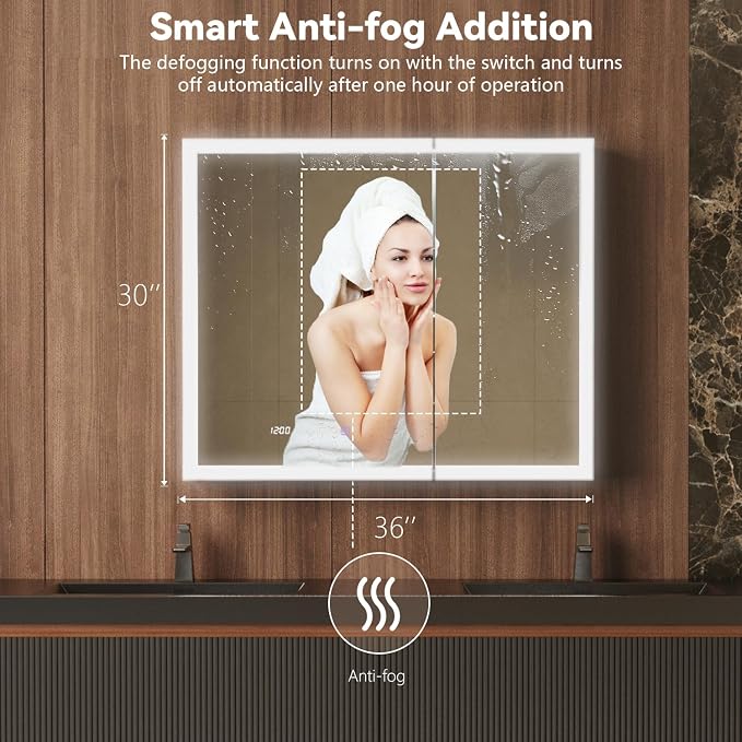 36 in. W Smart Lighted Medicine Cabinet with Mirror for Bathroom, Recessed/Surface Mount Medicine Cabinet with Anti-Fog, 1800W Charging Station, USB Ports, 3 Color Lights