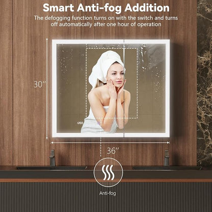 36 in. W Smart Lighted Medicine Cabinet with Mirror for Bathroom, Recessed/Surface Mount Medicine Cabinet with Anti-Fog, 1800W Charging Station, USB Ports, 3 Color Lights