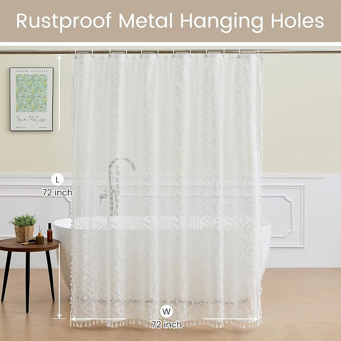 WAZZIO White Lace Shower Curtain - Vintage Pretty Flower Sheer Shower Curtains, Elegant Decorative Tassel Bath Curtains for Bathroom, 72 x 72 Inch, 1 Piece