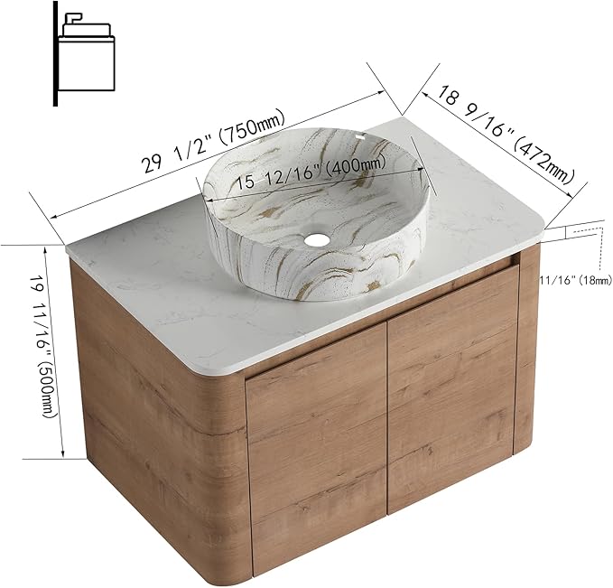LKTART 30 Inch Floating Bathroom Vanity with Sink, Modern Wall Mounted Bathroom with Soft Close Door, White Stone Round Ceramic Basin and Sintered Stone Top