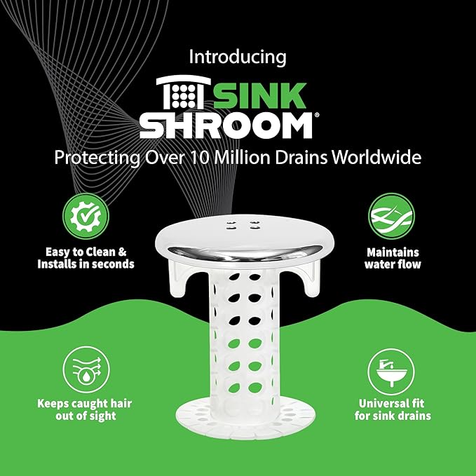 SinkShroom Revolutionary Bathroom Sink Drain Protector Hair Catcher, Strainer, Snare, Silicone , Brushed, Sinkshroom Chrome Edition, 1" -1.4"
