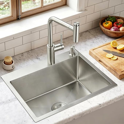 21.6x17.7 inch Drop in Kitchen Sink, 304 Stainless Steel Sink | 8.7" Deep Single Bowl, R10 Tight Radius, Topmount Kitchen Sink with Basket Strainer Drain, Brushed